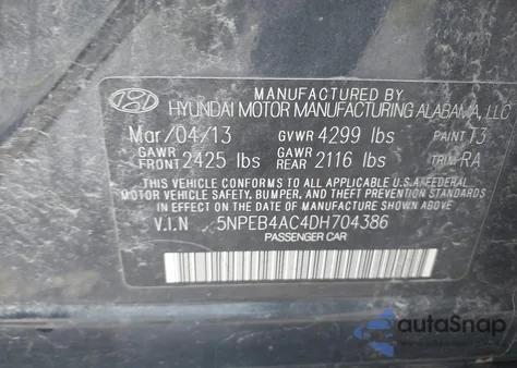 2013 Hyundai Sonata Gls из США, поврежденный, VIN 5NPEB4AC4DH704386